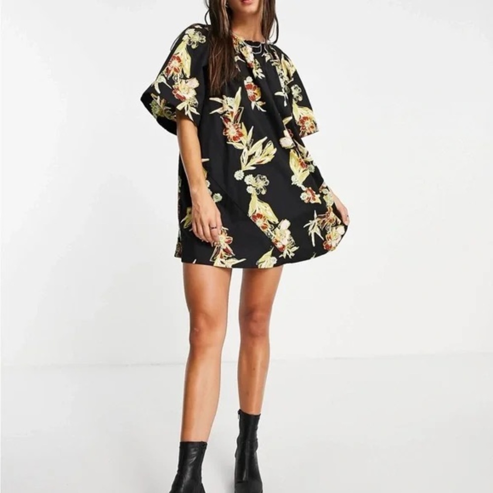 Free People Jodie Printed Tropical Floral off shoulder Full Mini Dress